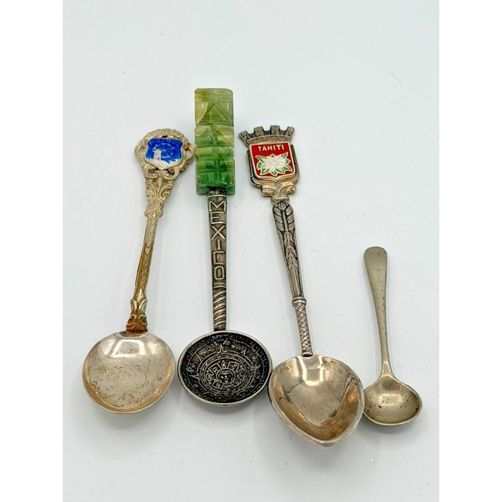Vintage Souvenir Spoon Lot Mexico Tahiti Alaska Aztec Calendar Jade‎ Handle 4pc